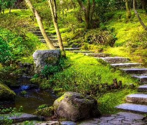 USA, Oregon, Strumień, Park, Schody, Portland