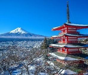 Japonia, Zima, Fudżi, Świątynia, Wulkan, Miasto