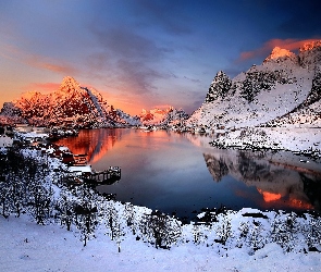 Zima, Góry, Jezioro, Zachód Słońca, Śnieg