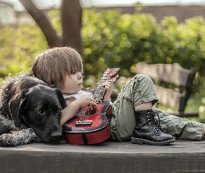 Chłopiec, Gitara, Pies, Czarny