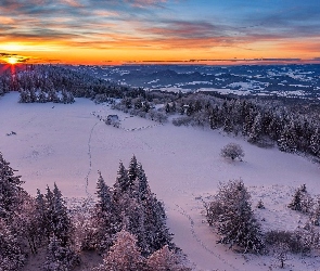 Zachód, Śnieg, Zima, Słońca