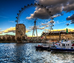 London Eye, Tamiza, Anglia, Chmury, Londyn, Statki