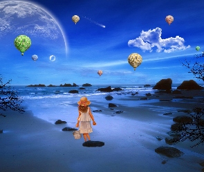 Morze, Balony, Wybrzeże, Dziewczynka