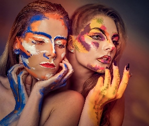 Kobiety, Bodypainting, Ciała, Farba, Twarze