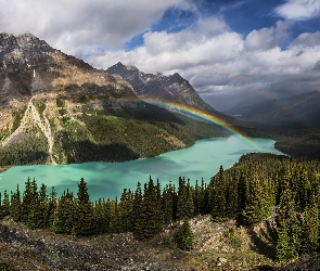 Tęcza, Kanada, Jezioro Peyto Lake, Góry, Park Narodowy Banff, Prowincja Alberta