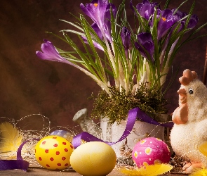 Wielkanoc, Jajka, Pióra, Krokusy, Figurka, Kwiaty
