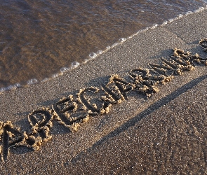 Woda, Tapeciarnia, Napis, Piasek, Plaża