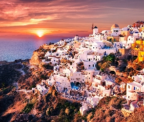 Grecja, Wschód słońca, Domy, Morze