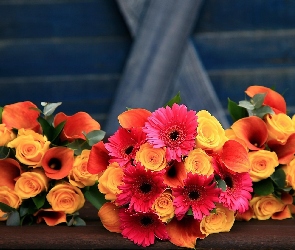 Kwiaty, Róże, Gerbera, Bukiet