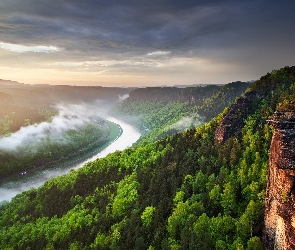 Góry, Mgła, Las, Skały, Rzeka