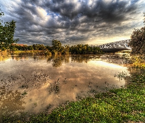 Saragossa, HDR, Chmury, Niebo, Rzeka, Most