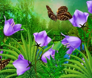 Motylki, Trawa, Kwiaty