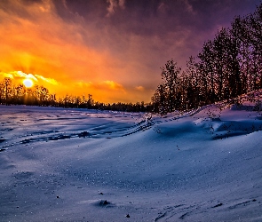 Śnieg, Słońca, Zachód, Las, Zima