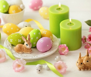 Figurki, Kwiaty, Jajka, Zajączki, Świeczki, Wielkanoc, Pisanki