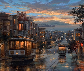 Artystyczne, Miasto, Evgeny Lushpin, Tramwaje, Malarstwo, Ulica