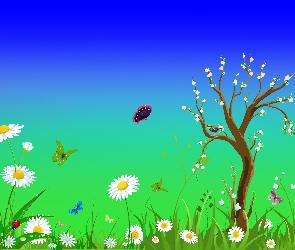 Wiosna, Motylki, Drzewo, Kwiaty
