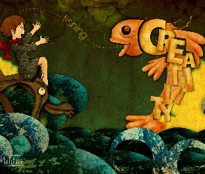 Grafika 2D, Fale, Krzesło, Dziewczynka, Ryba, Napisy