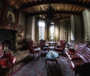 Półmrok, Kominek, Salon, Meble
