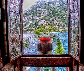 Chorwacja, Okno, Góry, Kwiat, Jezioro, Hotel