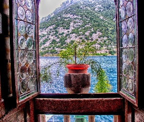 Góry, Jezioro, Okno, Chorwacja, Hotel, Kwiat
