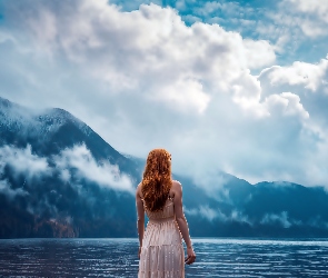 Góry, Mgła, Jezioro, Chmury, Kobieta