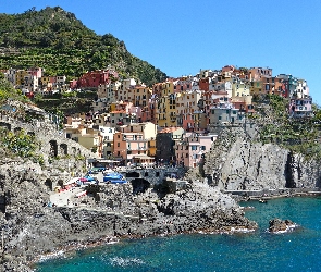 Morze, Skały, Cinque, Domy, Manarola, Włochy, Terre