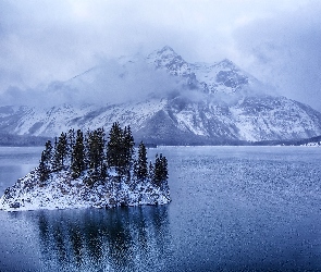 Zima, Mgła, Drzewa, Jezioro, Góry