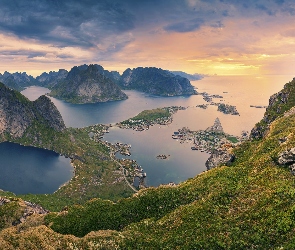 Lofoty, Góry, Morze, Z lotu ptaka, Norwegia