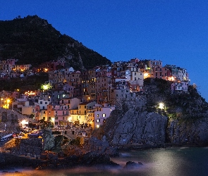 Cinque, Skały, Włochy, Manarola, Oświetlone, Terre, Domy, Morze