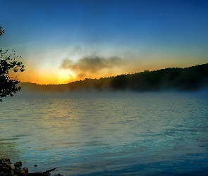 Jezioro, Wschód słońca, Mgła