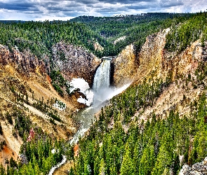 Wodospad Dolny, Park Narodowy Yellowstone, Stany Zjednoczone, Góry, Rzeka Yellowstone, Lower Falls, Skały, Wielki Kanion Yellowstone