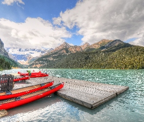 Góry, Pomost, Prowincja Alberta, Jezioro Lake Louise, Kajaki, Kanada, Park Narodowy Banff