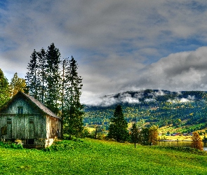 Góry, Domek, HDR, Jeziorko, Trawa, Drzewa, Mgła