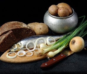Chleb, Ziemniaki, Nuż, Cebule, Deska, Ryba