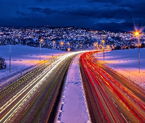 Zima, Droga, Norwegia, Trondheim, Nocą, Panorama