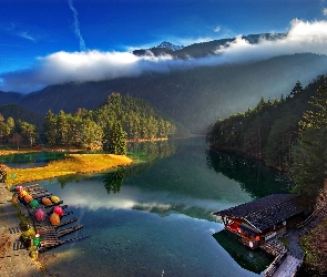 Tyrol, Z Lotu Ptaka, Góry, Austria, Przystań, Jezioro, Łódki