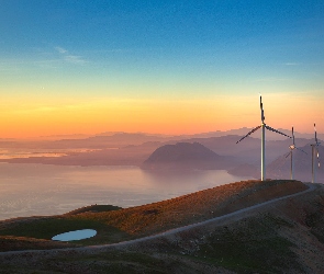 Woda, Wiatraki, Krajobraz, Wzgórze