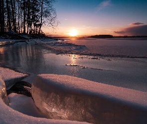 Zima, Drzewa, Zachód słońca, Jezioro