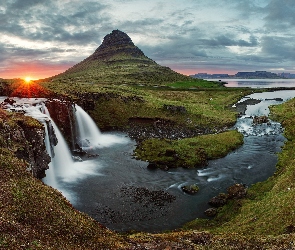 Wodospad, Islandia, Wschód słońca, Góry, Rzeka