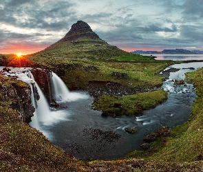 Rzeka, Islandia, Góry, Wschód słońca, Wodospad