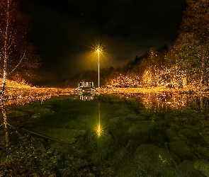 Światło, Noc, Staw, Park, Drzewa, Kładka