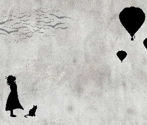 Dziewczynka, Grafika, Kot, Ptaki, Balony