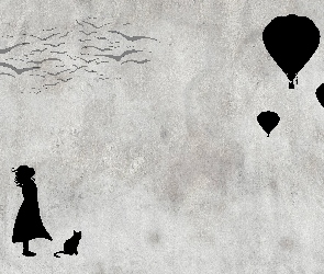 Balony, Grafika, Ptaki, Kot, Dziewczynka