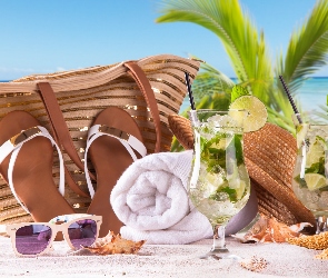 Palma, Muszle, Kompozycja, Wakacje, Okulary, Klapki, Kapelusz, Plaża