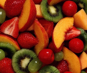 Owoce, Truskawki, Brzoskwinie, Pokrojone, Kiwi, Winogrona