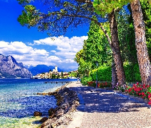 Garda, Bulwar, Park, Włochy, Jezioro