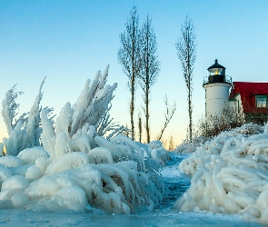 Stany Zjednoczone, Stan Michigan, Zima, Krzewy, Drzewa, Latarnia morska Point Betsie