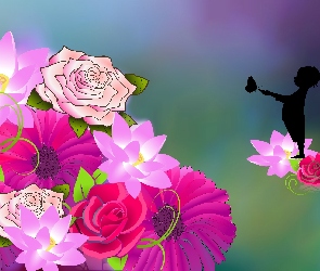 Kwiaty, Grafika, Motylek, Chłopczyk, Różowe