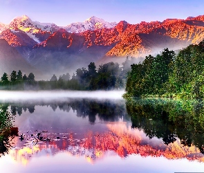Góry, Las, Nowa Zelandia, Mgła, Odbicie, Jezioro
