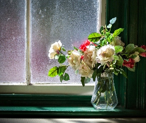 Bukiet, Okno, Róże, Kwiatów